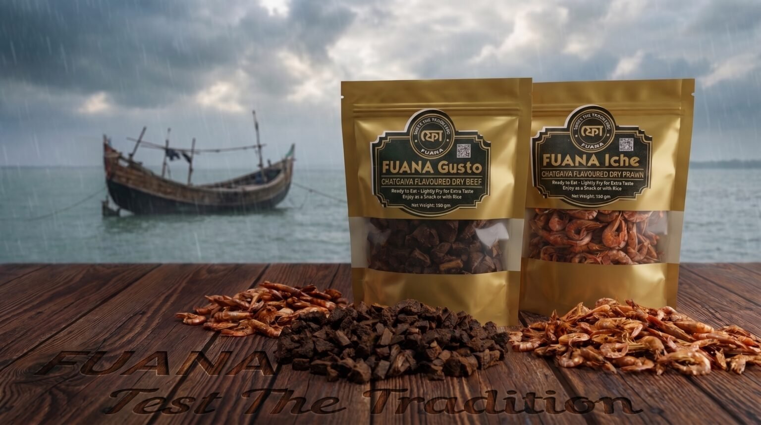 Fuana Gusto and Fuana Iche packs on a wooden table by the Chattogram sea